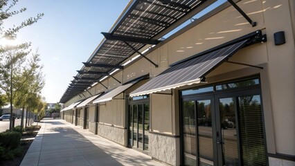 A medium closeup of solarpowered awnings extending from a building with the sun casting dynamic shadows that enhance the aesthetic appeal while generating electricity.