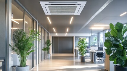 Modern office with indoor greenery and ceiling-mounted air conditioning unit