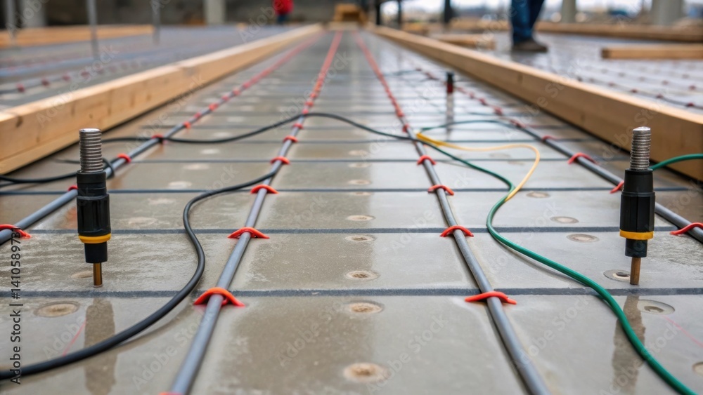 Aufkleber A medium closeup of the installation process of sensors into a curing concrete slab showcasing tools and cables interwoven amid the partially set concrete hinting at a hightech