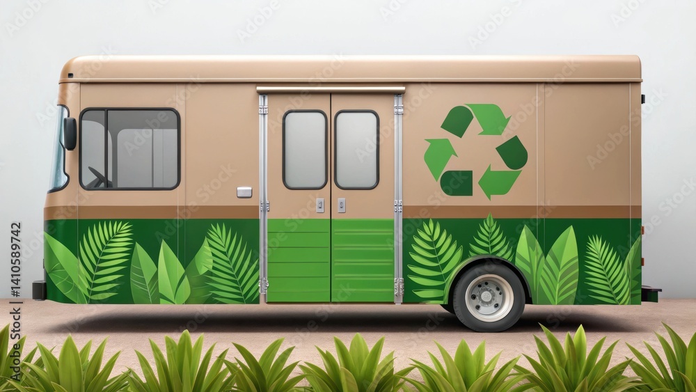 Aufkleber A medium closeup of the exterior of the mobile office focusing on the distinctive color scheme and graphics that blend with the natural environment illustrating ecofriendliness.