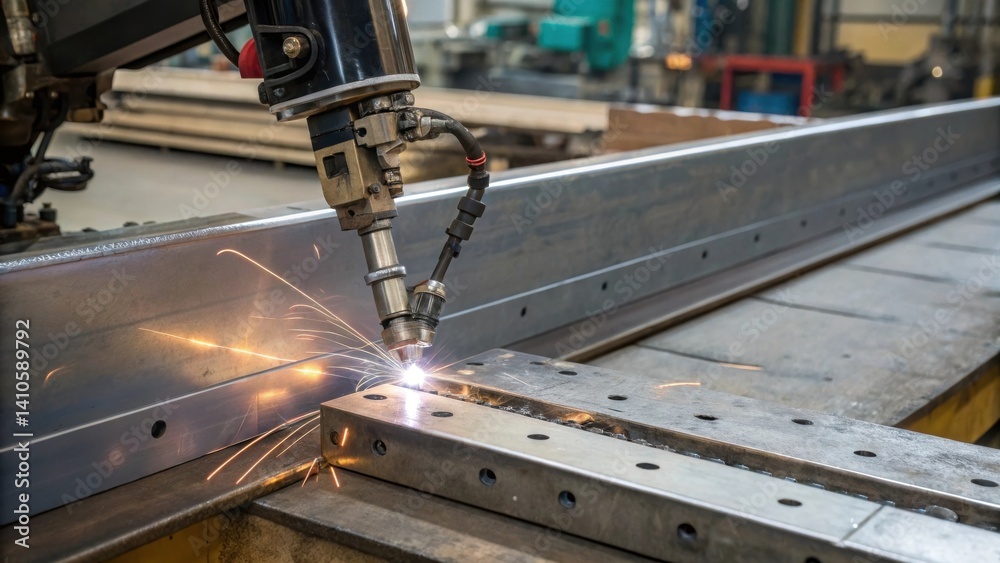 Poster A medium closeup of the joint between two steel plates being welded displaying the precision of the robotic welder in forming a seamless connection.