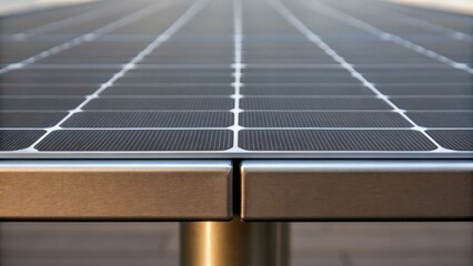 A medium closeup of the edge of the panel where the structural material meets the solar cells emphasizing the seamless joinery and modern engineering techniques.