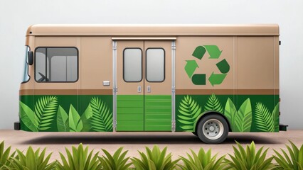 A medium closeup of the exterior of the mobile office focusing on the distinctive color scheme and graphics that blend with the natural environment illustrating ecofriendliness.