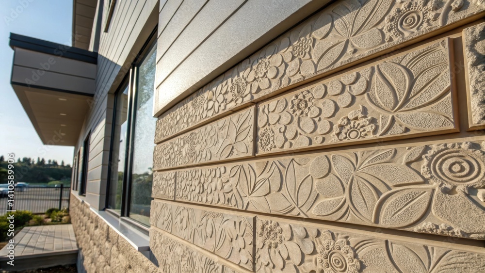 Poster a medium closeup of the textured surface of a facade panel featuring modern materials designed for a