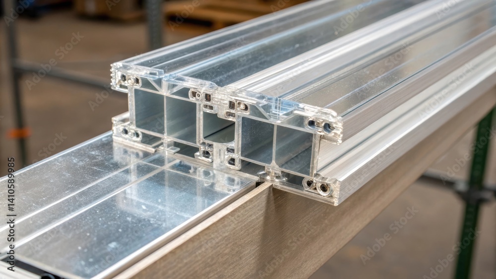 Poster a medium closeup of two transparent aluminum sections being joined together in a construction setup 