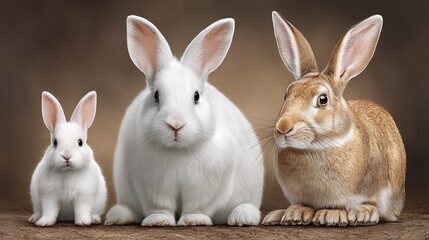 Obraz premium Three adorable rabbits of varying sizes, showcasing a playful family moment.