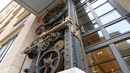 Obraz premium A medium closeup of unique damping devices integrated into a buildings structure showing the intricate mechanical components that dissipate energy during seismic activity.