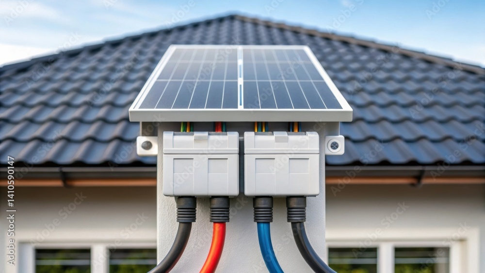 Poster a medium closeup revealing the junction where the solar panel connects to the homes energy system de