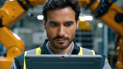 A medium closeup revealing the operator overseeing the robotic system with concentration on their face while interacting with a tablet used for monitoring progress.