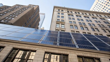 Obraz premium A medium closeup revealing the transition from photovoltaic panels to traditional windows highlighting the contrast of energy technologies within an urban environment.