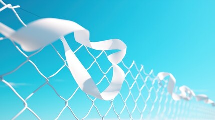 Ribbon White ribbon fluttering in the wind, attached to a fence at an outdoor event or festival.