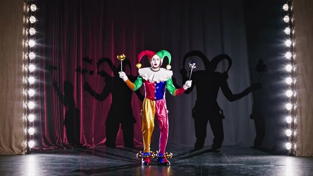 A colorful jester stands center stage, juggling, with dramatic lighting casting shadows. Captured from a frontal angle, resembling a theatrical video scene.