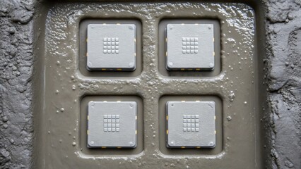 A medium closeup showing several embedded sensors arranged in a grid formation within a freshly poured concrete mix capturing the contrast between the smooth liquid surface and the