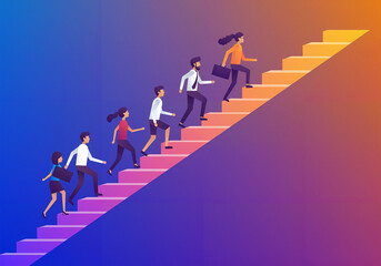 Fototapeta premium Business people climbing stairs towards success on a colorful background 