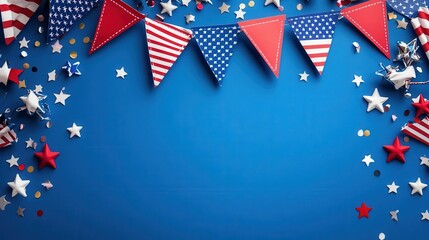 Obraz premium Patriotic american flag bunting and stars for festive decorations on blue background