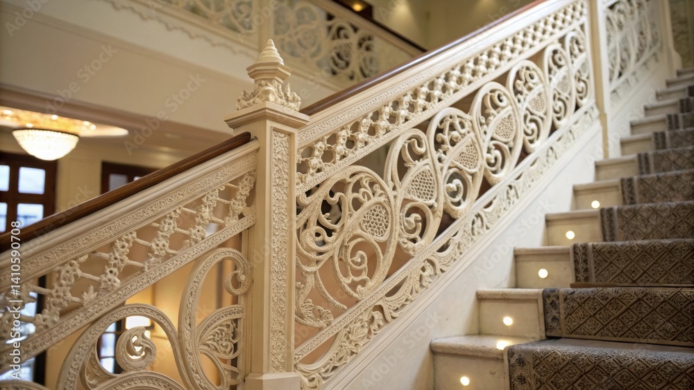 Poster a medium closeup view of an intricate 3dprinted balustrade showcasing the filigree detail and lightw