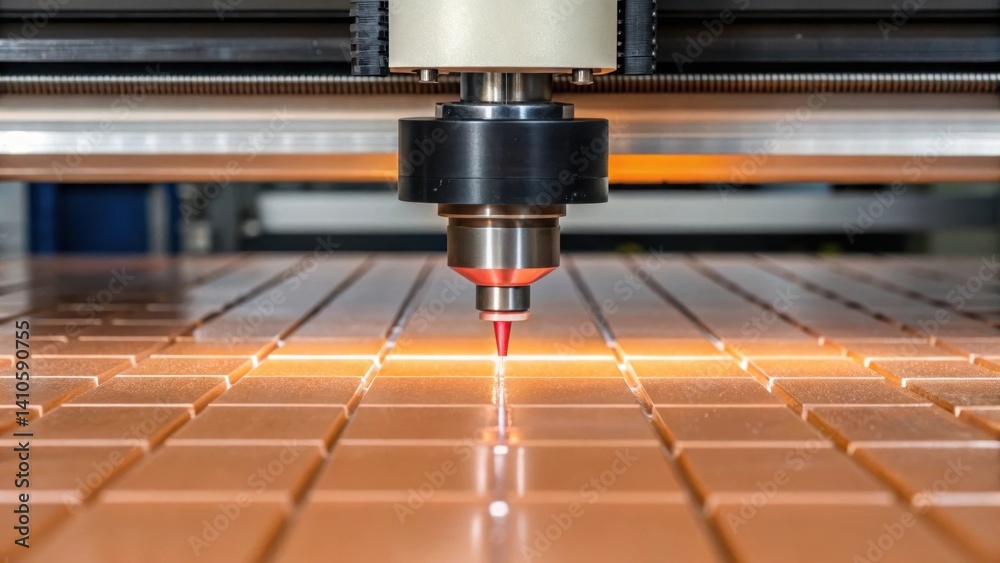 Poster A medium closeup view of a robotic tiling machine in action with tiles being and shaped to fit the highspeed rotating blade reflecting light as it slices through material.