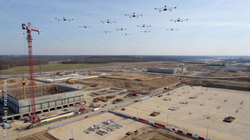 Poster An aerial shot of a drone swarm dispersing over a large construction site depicting the scalability of drone deployment for extensive area monitoring.