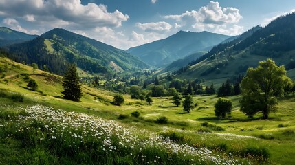 Obraz premium Lush mountain valley bathed in sunlight