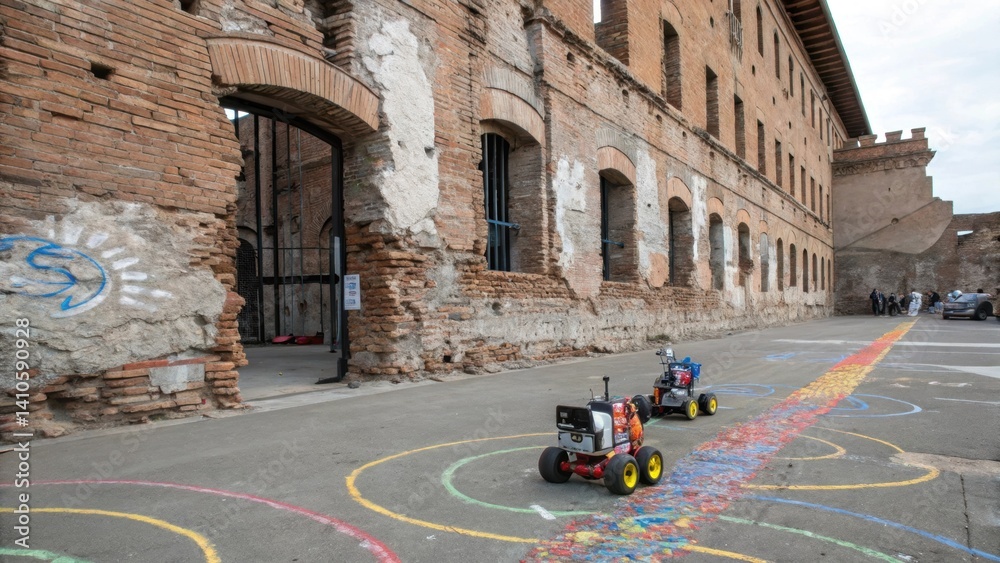 Poster An artistic shot of the robots paintcovered wheels leaving trails of color at the base of a crumbling brick exterior showcasing the blend of technology with structural restoration.