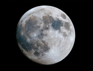 Obraz premium A bright lunar satellite, the full moon, is depicted in isolation on a black background in high resolution