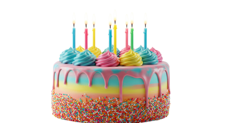  Colorful Festive Cake with Lit Candles and Sprinkles on Transparent Background