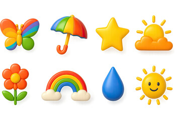 3D icon set of sunny weather: bird, hill, flower, star, mountain, light ray, rainbow, sunbeam. 3d icon. icons set of 3d style in a modern design. Isolated