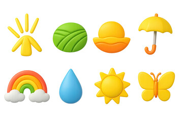 Naklejka premium 3D icon set of sunny mood: light ray, field, sunset, sunbeam, umbrella, rainbow, raindrop, butterfly. 3d icon. icons set of 3d style in a modern design. Isolated