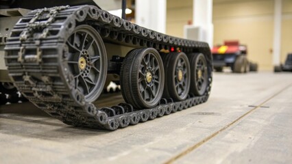 An image capturing the robots wheels or tracks emphasizing the rugged tread patterns designed for allterrain navigation during installation tasks.