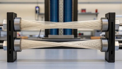 An image of a composite material being tested under tension with the fibers visibly stretching illustrating its remarkable strength and flexibility.