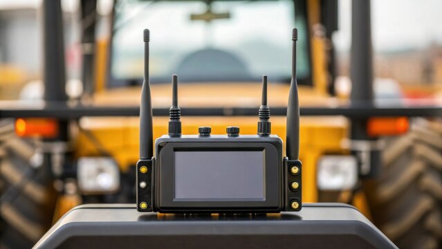 An image focusing on a rental equipment tracking device mounted discreetly on machinery showing its various antennas for GPS and data transmission.