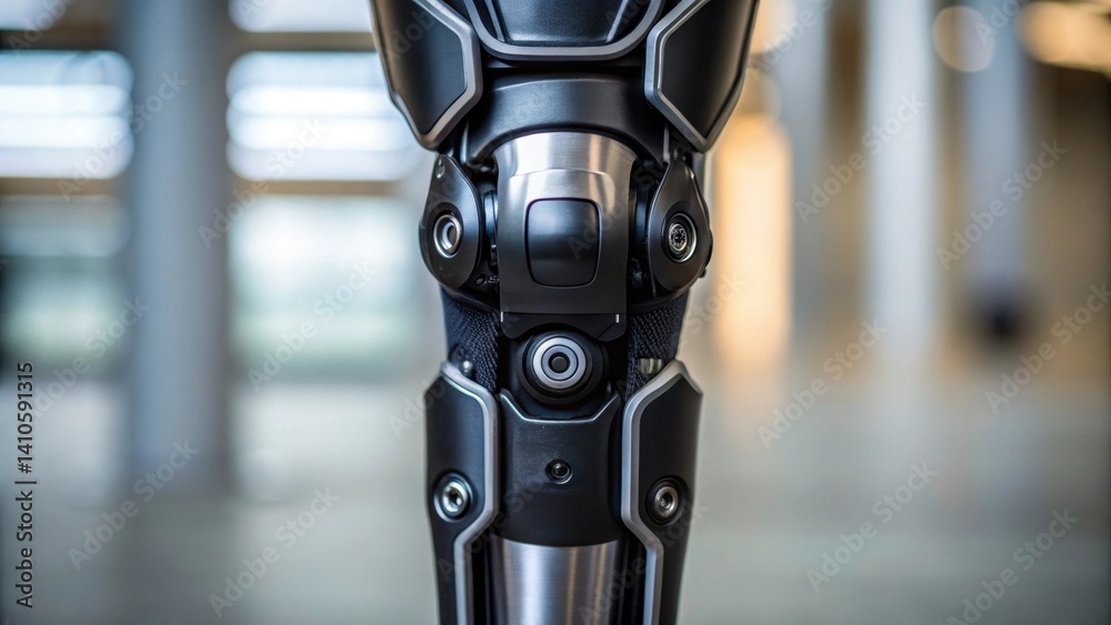 Poster An intricate closeup focused on the knee joint of the exoskeleton illustrating the advanced hydraulics that allow for smooth bending and lifting movements.