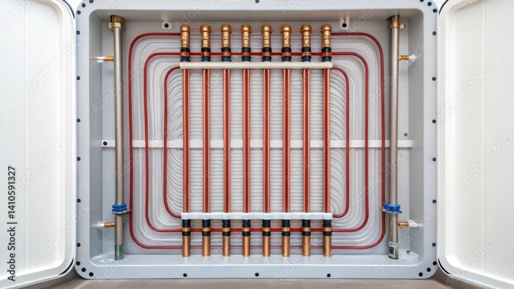 Poster an interior view of a prefabricated panel with exposed solar heating pipes showcasing the intricate 