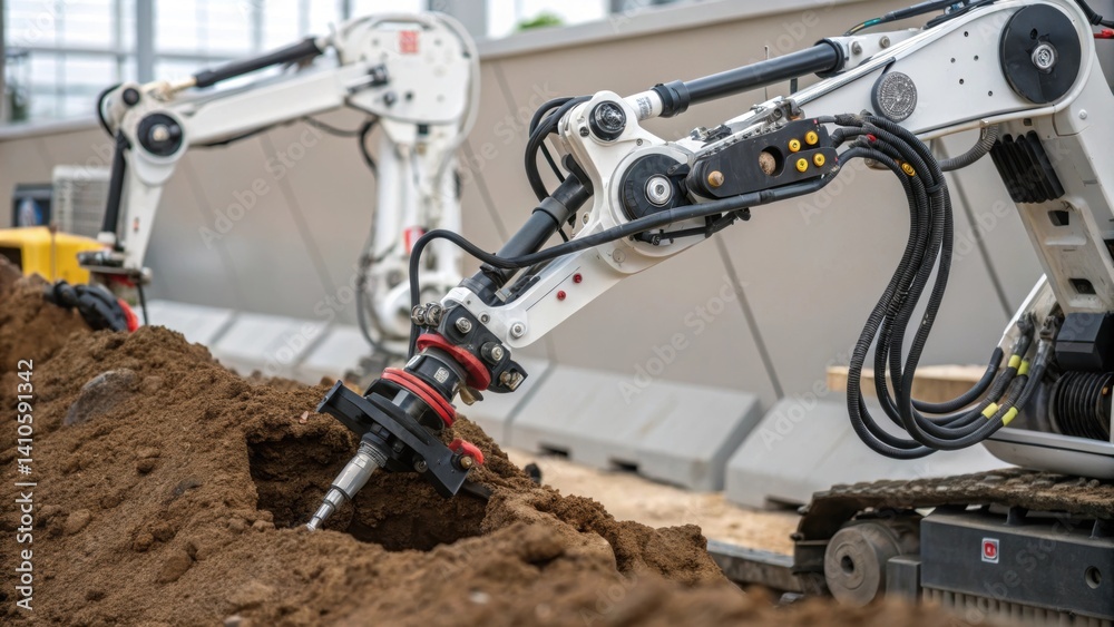 Aufkleber An intricate closeup of robotic arms on an autonomous excavator highlighting the precise mechanical joints and gripping tools as they function to dig into the earth.