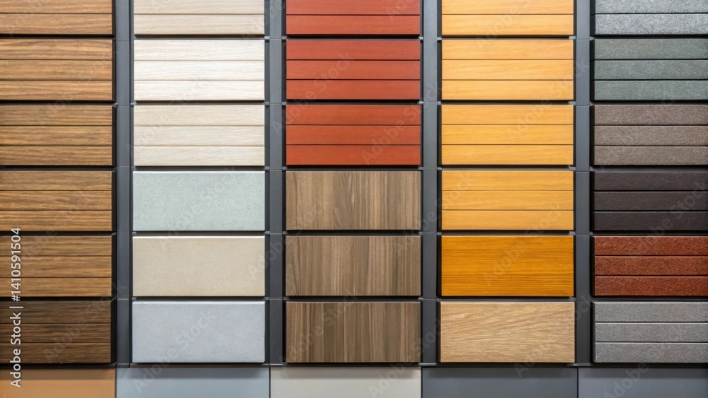 Poster An overhead medium closeup of various cladding samples laid out in a showroom providing a clear view of different textures colors and finishes available for modern construction.