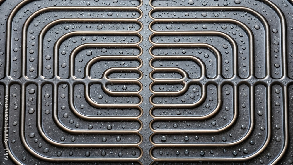Poster An overhead shot of a panels surface displaying an array of small interconnected pipes designed for heat exchange with water droplets enhancing the visual interest.