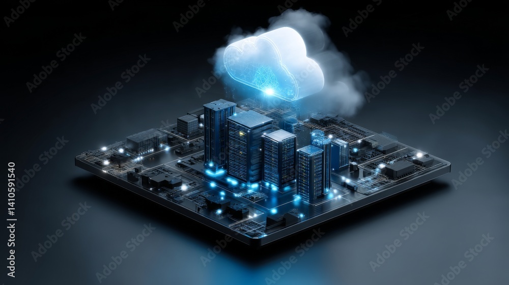 Poster a futuristic digital hologram featuring a cloud icon, set against a backdrop of blue and golden ligh