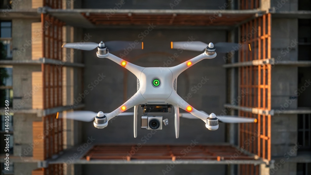 Poster An overhead view of a drone flying above a partially assembled structure with a closeup of its navigation system illuminated highlighting the blend of artificial intelligence and