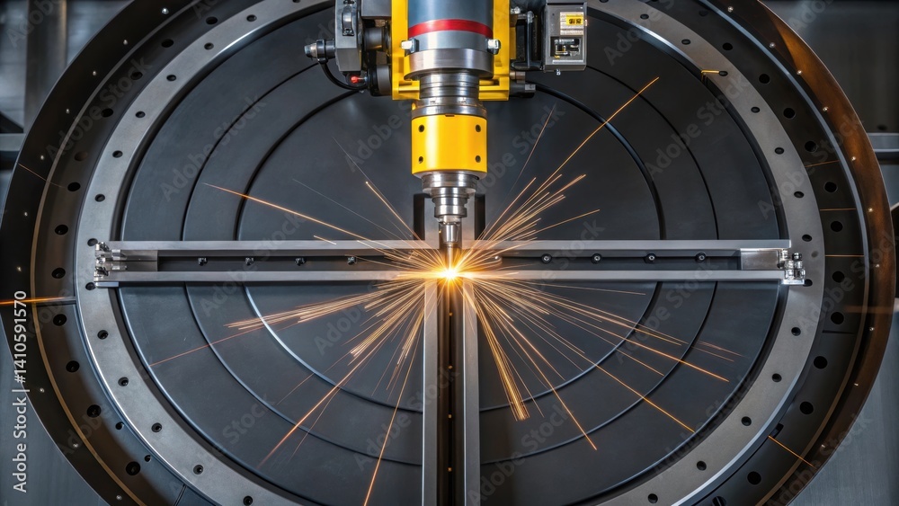 Leinwandbilder An overhead shot of a welding positioner with a robotic arm performing a precise circular weld capturing the dynamics of motion and precision in steel construction.