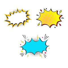 Set of empty comic-style speech bubbles in colorful pop art clouds. Perfect for captions, messages, and cartoon expressions.”