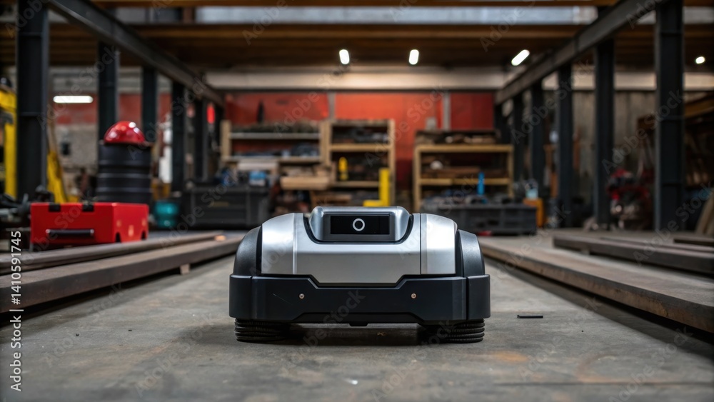 Poster A robotic machine resting on a workshop floor surrounded by steel beams and tools its sleek design contrasting with the rugged environment of steel fabrication.