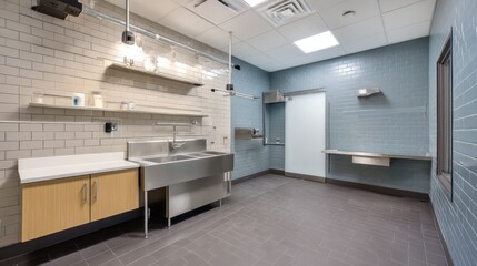 Modern dog grooming room with tiled walls and built-in sink