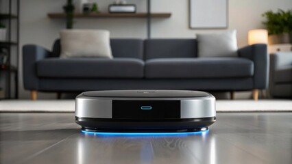 Fototapeta premium A robotic vacuum parked in its docking station with a charging light illuminated ready to recharge after a successful cleaning session in a modern living room.