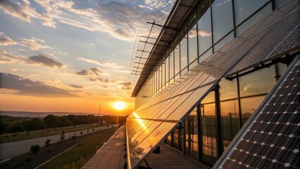 Artistic shot capturing the interplay of light and shadow on a facade adorned with transparent solar panels during sunset highlighting the panels ability to enhance the buildings