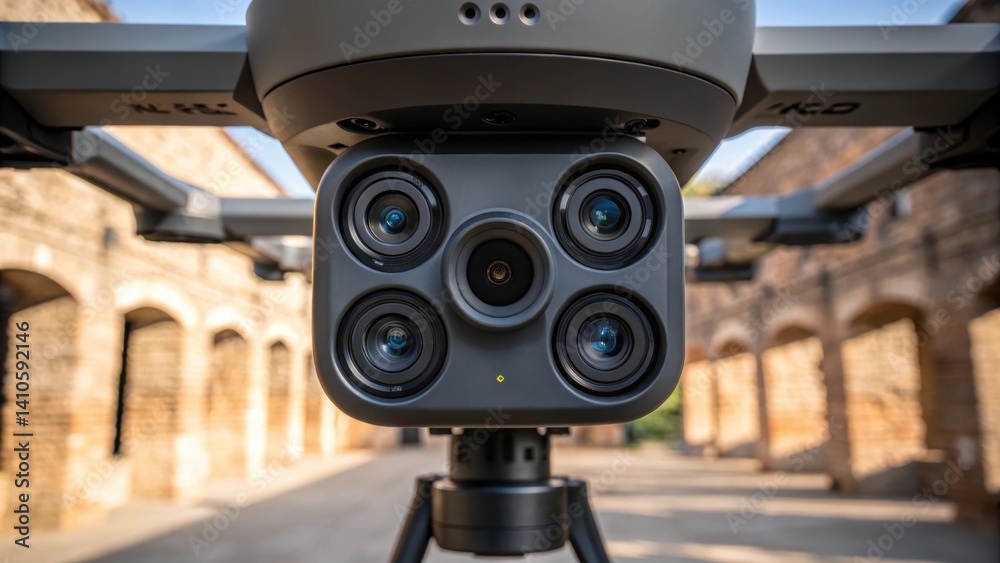 Aufkleber Closeup of a drones intricate camera assembly showcasing multiple lenses and sensors designed for highresolution data capture glinting under natural light against a backdrop of