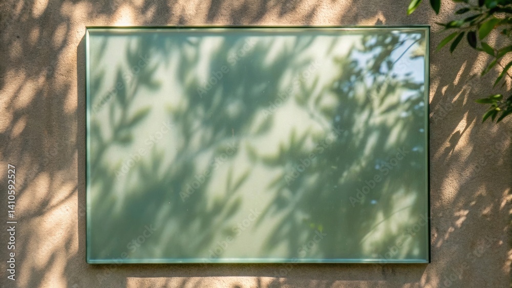 Poster Closeup of a recycled glass panel installed in an experimental design emphasizing its reflective qualities as it catches faint shadows from nearby foliage creating a harmony