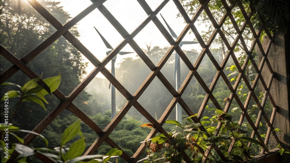 Aufkleber Closeup of an intricate lattice structure with small embedded turbines capturing wind flow surrounded by greenery and natural light filtering through.