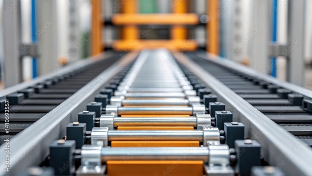 Poster Closeup of an automated conveyor belt transporting highrise building elements showing the precision engineering that organizes components for assembly.