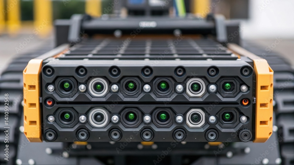 Aufkleber Closeup of a robotic brickcleaning systems intricate sensor array capturing details of its advanced navigation technology designed to detect uneven surfaces and obstacles.