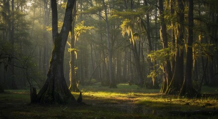 Fototapeta premium 神秘的な朝の光が差し込む、緑深い森の風景写真